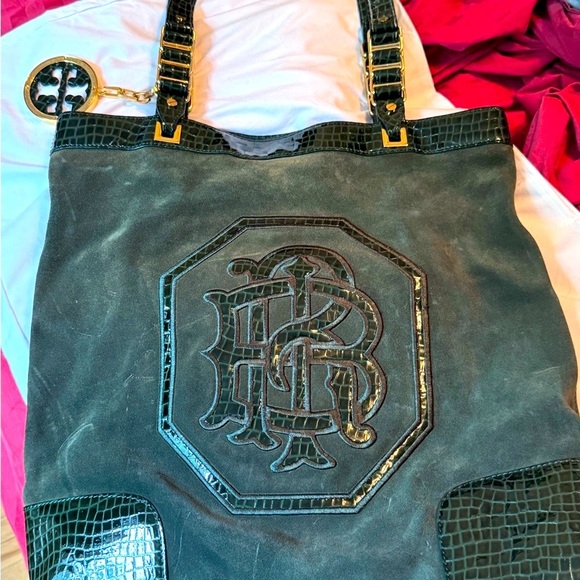 👜 One of A Kind, Stunning Vintage Tory Burch Green Suede and Leather Tote Bag 💥 - Picture 1 of 16